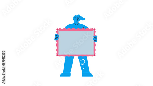 Blue cartoon character holding a large pink sign board for advertising