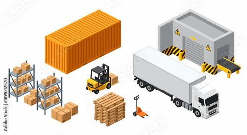 Isometric set of warehouse, logistics, and transportation elements including truck, container, forklift, and storage racks.