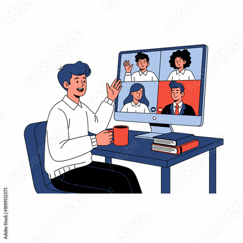 A man participates in a virtual video conference call with colleagues from his home office, waving at the screen.