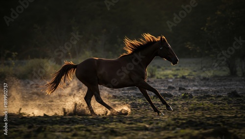 Horse Runs Through Dirt in an Open Field During Sunset Near a Wooded Area