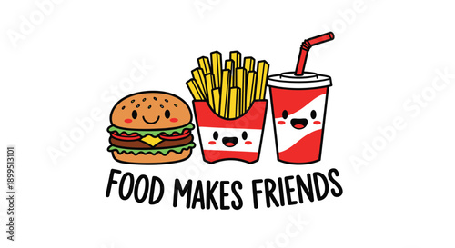 Cartoon fast food icons with smiling faces and text food makes friends