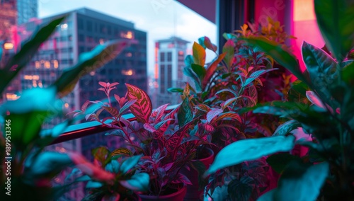 City View With Plants on a Balcony During Evening Light in a Urban Area