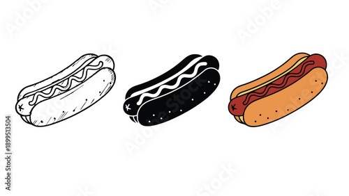 Three hot dogs with different toppings and colors on white background