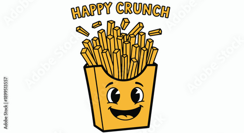 Cartoon french fries in happy smiling box with happy crunch text