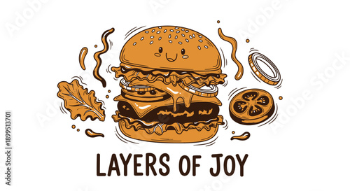 Smiling double decker cheeseburger with fresh lettuce tomato onion cheese