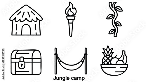 Jungle camp icons with hut, torch, vine, treasure chest, hammock and fruit