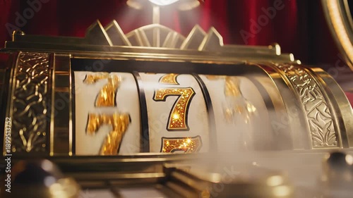 Golden slot machine reels spin and land on triple sevens. Glittering numbers glow under dramatic lighting. Symbol of big win and luck.