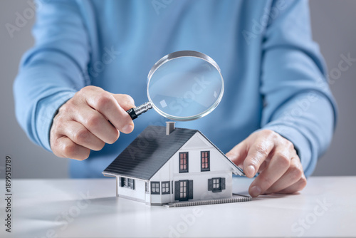 House model with man holding magnifying glass home inspection or searching for a house