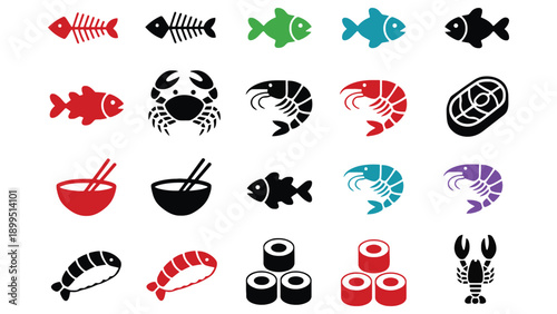 Sushi vector icons set including fish and seafood illustrations