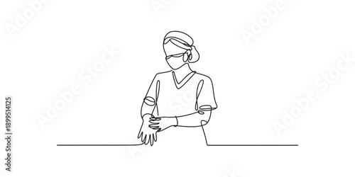 Continuous line drawing of a female medical professional wearing protective gear and scrubs