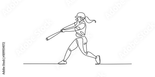 Continuous line drawing of a female softball player in a powerful swing