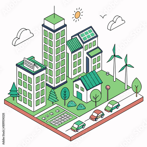 Modern cityscape integrating renewable energy and sustainable urban planning