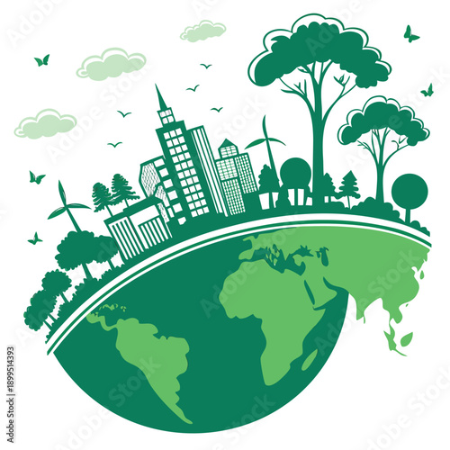 Global harmony blending nature and urban development on a green planet