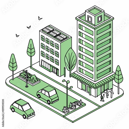 Urban residential area with modern buildings and green spaces in a cityscape illustration