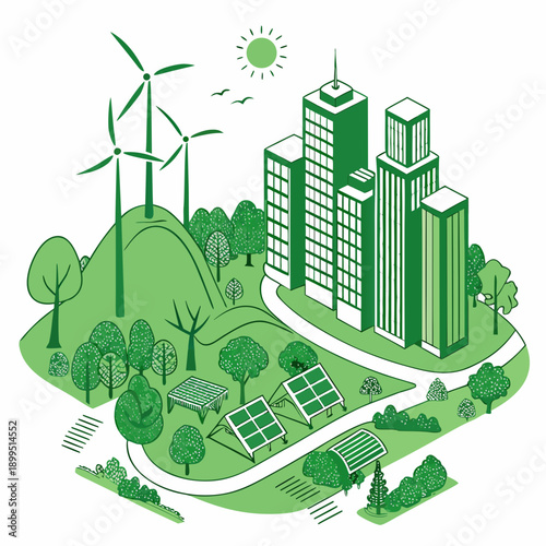 Sustainable city integrating renewable energy and green architecture
