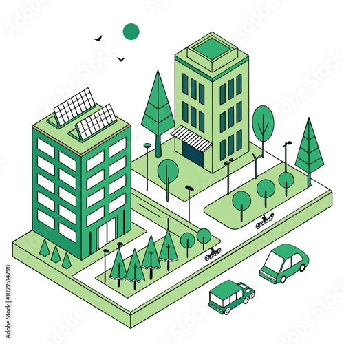 Modern urban neighborhood with green spaces and eco-friendly transportation