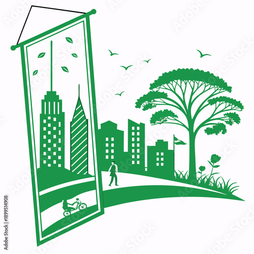 A serene urban park blending nature with city skyline architecture