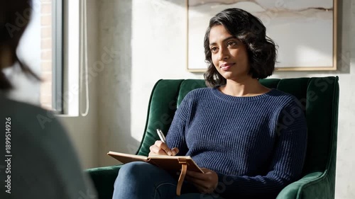 Young Indian woman takes notes during counseling. She listens attentively in a green armchair. Focus on mental wellness.
