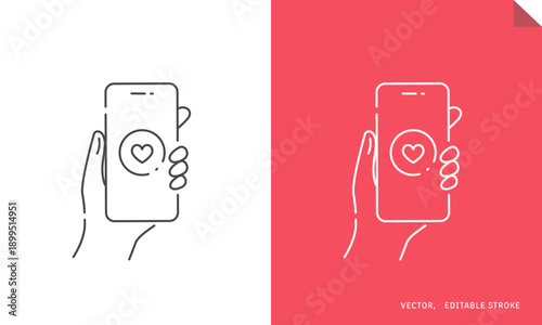 手に持ったスマホに表示されたマッチングアプリのベクターアイコン (線画･モノクロ･アウトライン) Editable stroke
