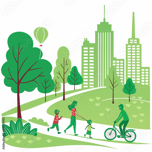 Urban park scene depicting harmonious coexistence of nature and city life