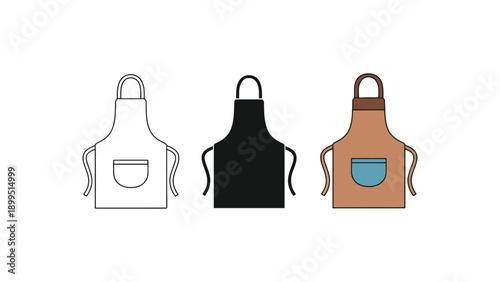 Four different colored aprons with pockets on white background