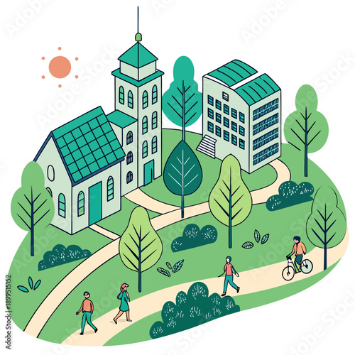 A serene campus scene with modern buildings and lush greenery