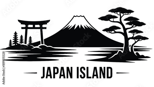 Black and white illustration of Japan island landscape with mountain and torii gate