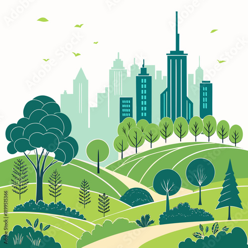 Modern cityscape nestled between lush green hills and vibrant parkland