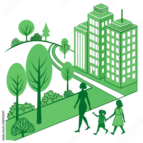 Urban green space with people enjoying a park near high-rise buildings