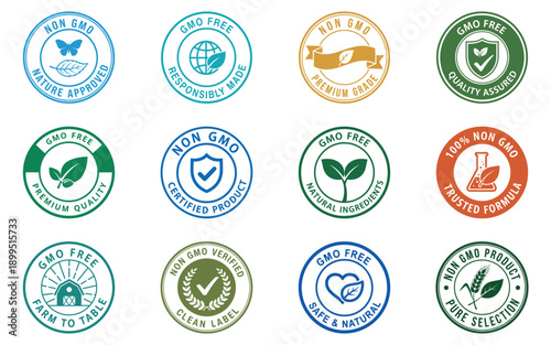 Organic and Non-GMO Food Labels Set – Eco Friendly, Vegan, Gluten Free, Healthy Product Badges Vector Icons