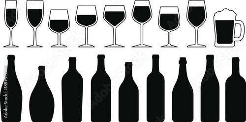 Collection of black silhouette representing various wine glasses beer mugs and bottles on a white background