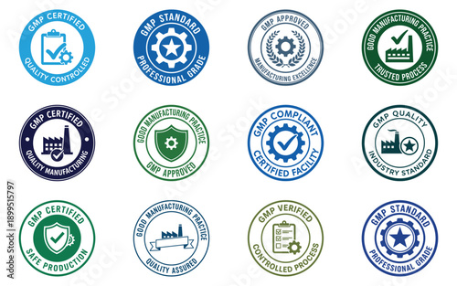 Set of GMP certification badges and quality assurance seals for pharmaceutical and food industry compliance