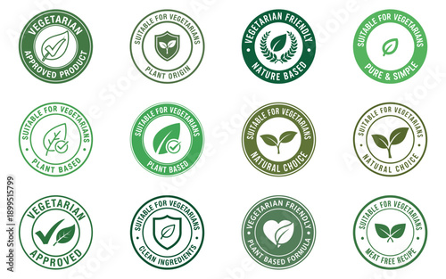 Vegetarian and Vegan Food Labels Set – Green Organic Badges for Healthy Natural Products Packaging