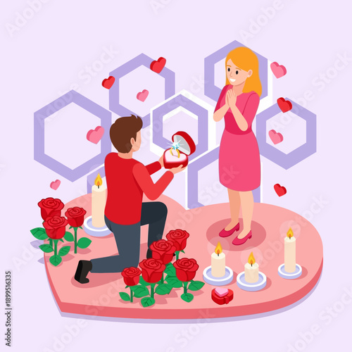 Romantic Proposal Scene with Man Kneeling and Woman Surprised.