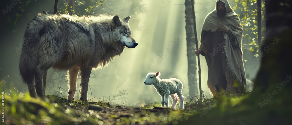 Fototapeta premium Symbolic forest scene with a wolf facing a lamb as a spiritual shepherd watches nearby. Allegory of faith, protection, danger and moral choice expressed through nature and light.