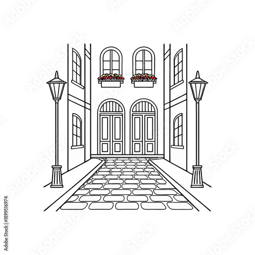 Elegant building entrance with arched doors and flower boxes