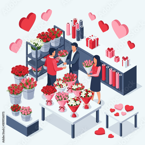 Canvastavla Couple buying flowers and gifts for Valentine's Day in a flower shop