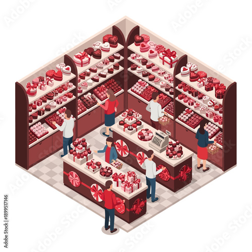Isometric illustration of a jewelry store with customers and staff surrounded by red gemstones.