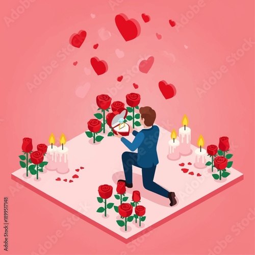 Man proposing to his partner with roses and candles on Valentine's Day.