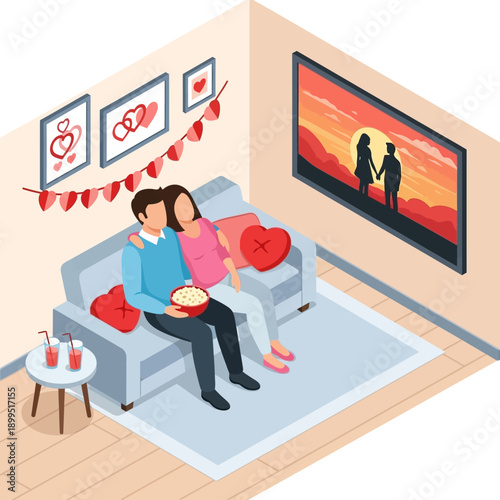 Couple watching a romantic movie together on TV at home.