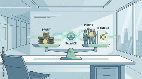 Ethical Business Leadership and Balance Concept Illustration, Modern Scales Weighing Profit Against People and Strategic Planning, Corporate Social Responsibility Banner for Web and Presentation, 4k