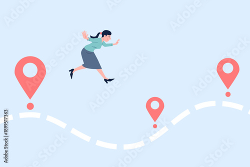 Businesswoman project way. Female jumps from goal to goal. Business time management, dedication and discipline, achieving long-term results, recent vector concept