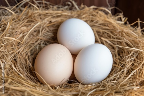 Three farm eggs, one brown and two white, resting on a bed of hay
