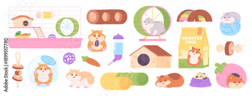 Hamster tools. Fluffy cartoon hamsters and accessories. Cage, wooden tunnel and bridge, plastic tube, wheel and sphere. Rodent toys and food racy vector clipart