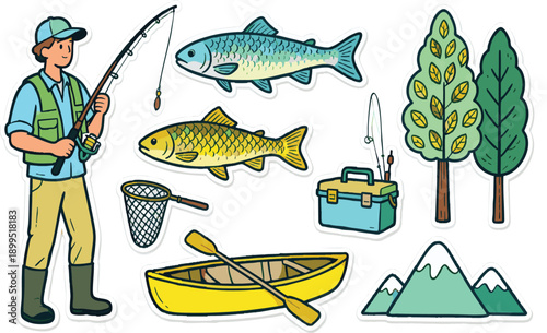Hand Drawn Fishing Adventure Vector Sticker Set
