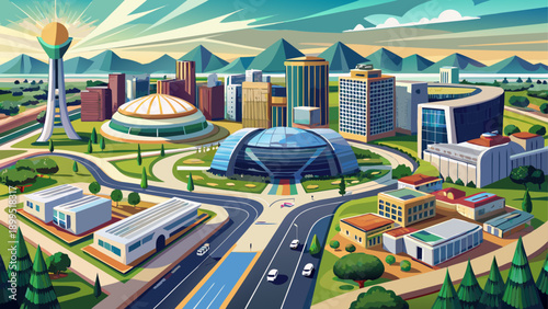 Very beautiful aerial landscape view of Abuja’s commercial buildings, presenting modern planning, wide roads, business infrastructure, and Nigeria’s political and economic development in a clean urban