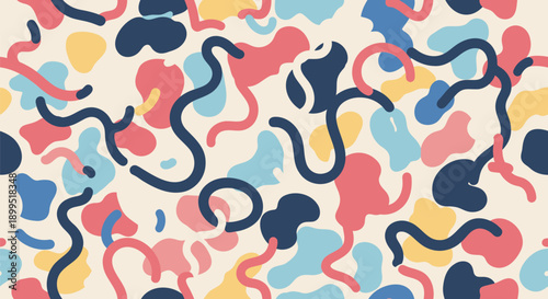 Vibrant abstract pattern with colorful swirling shapes and wavy lines on cream background