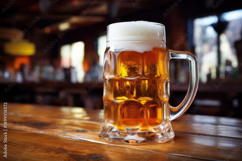 Naklejka premium Full beer mug on a wooden counter with a blurred pub background