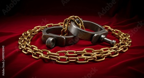 Metal Handcuffs with Gold Chain on Red Velvet.