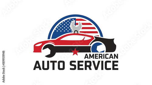 american auto service logo featuring a car wrench and patriotic flag silhouette